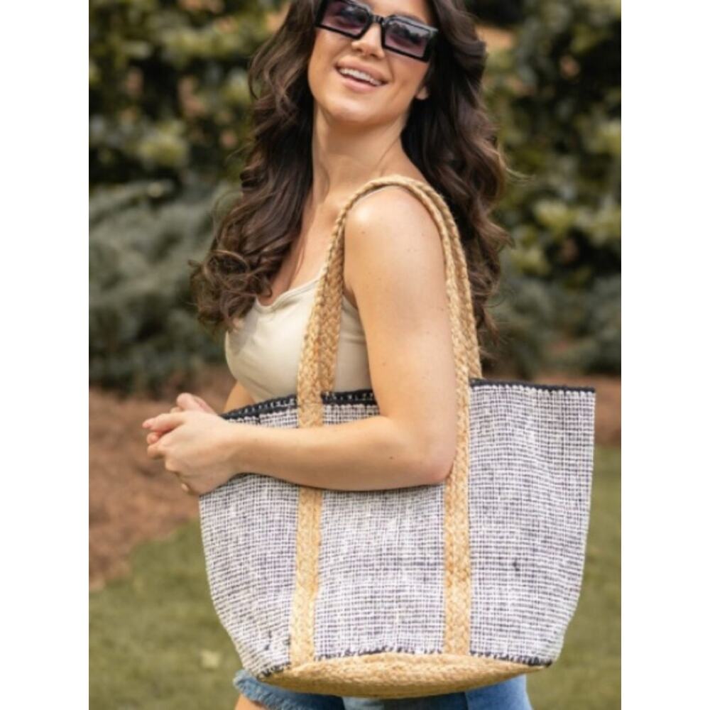 ANJU Hand Woven Artisan Cream Black Straw Trim Large Tote Bag Beach Bag Travel